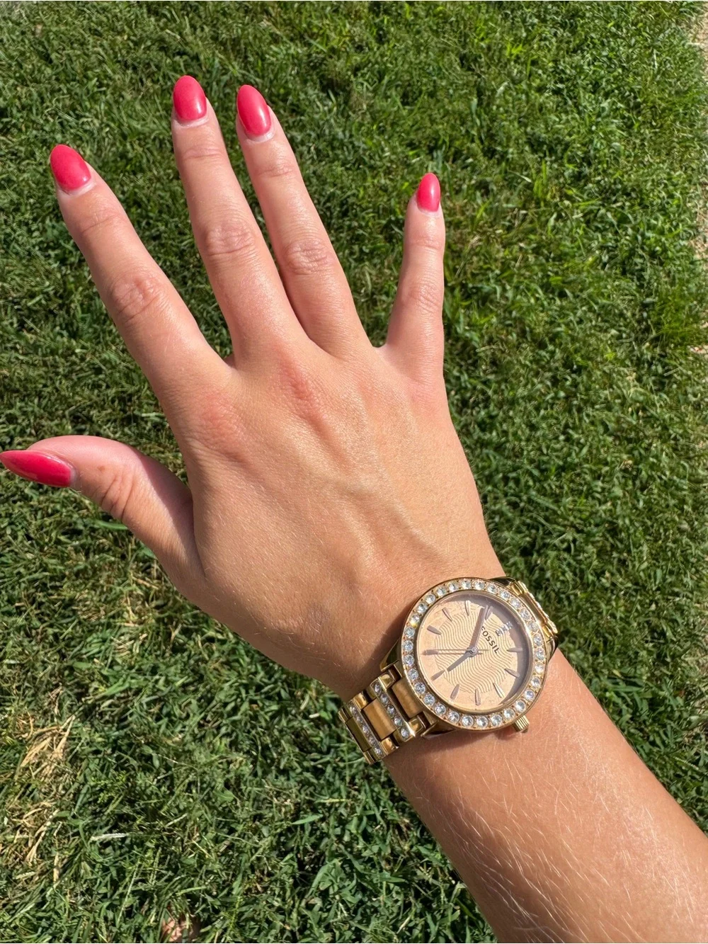 Fossil Gold-Tone Watch with Rose Dial and Crystal Bezel